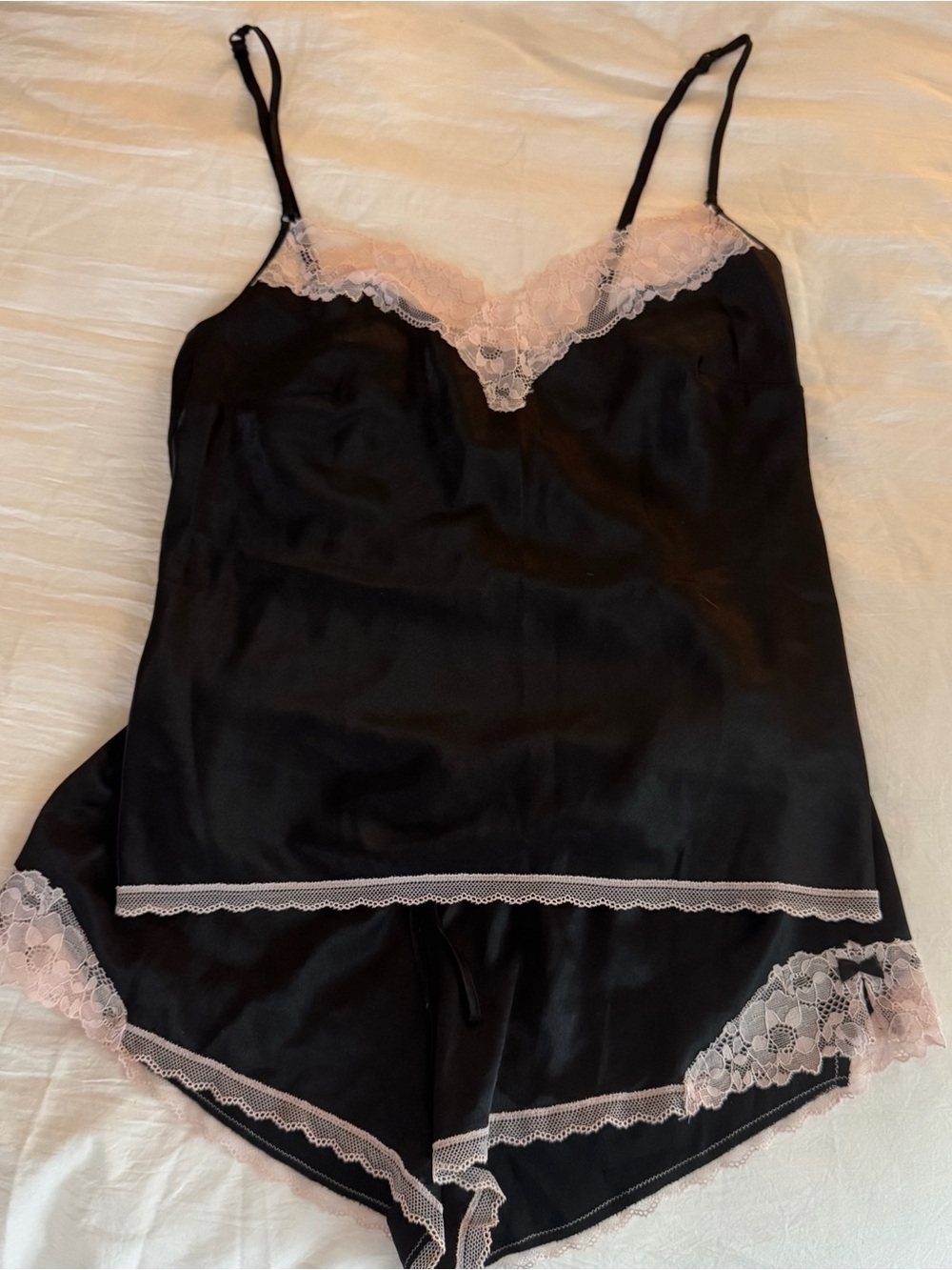 Victoria's Secret Black Satin Cami & Shorts with Pink Lace